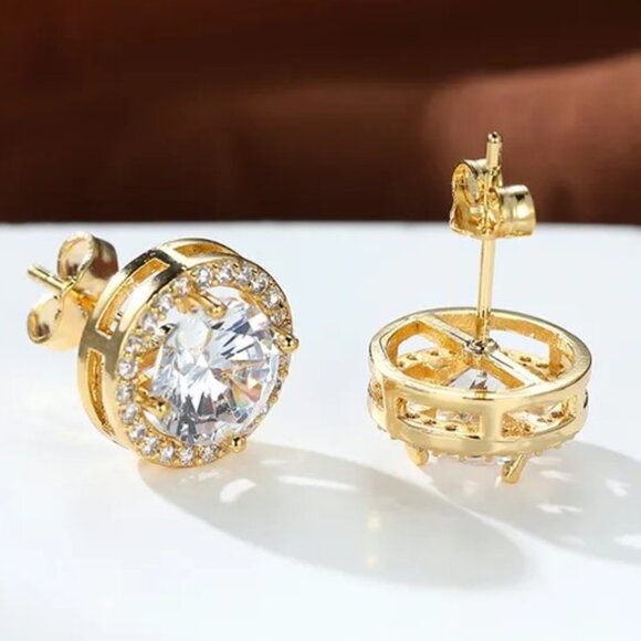 ๐ 2.50 Carat Halo Diamond Earring Studs, 18K Yellow Gold Hypoallergenic ๐ - Picture 3 of 6